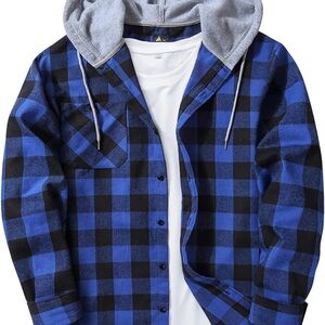 Men's Blue and Black Plaid Shirt with Gray Hoodie